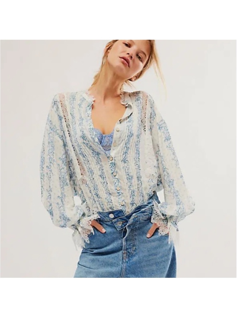 NEW Free People Intimately After Hours White Blue Floral Lace Button Bodysuit M - Picture 2 of 12